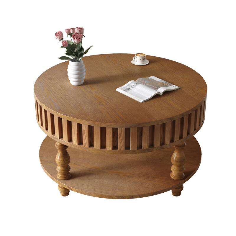 31.5" Farmhouse Round Fluted Coffee Table with Flip-Top Lids and Spacious Hidden Storage