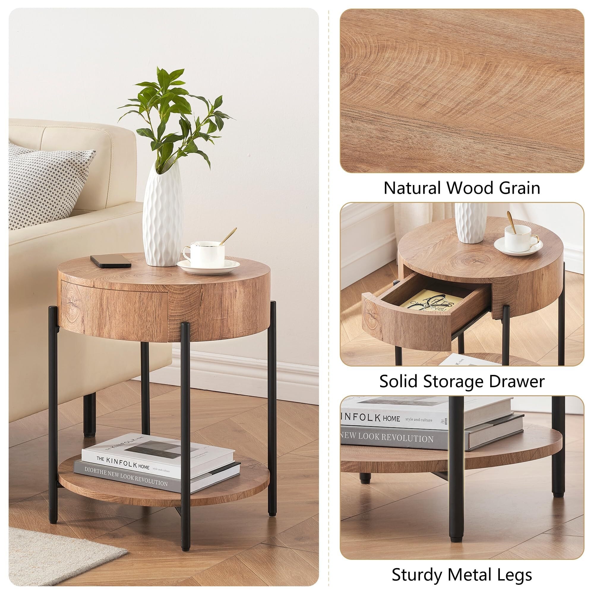 Round End Table with Drawer Circle Side Table Wooden Bedside Table