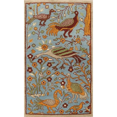 Animals Design Blue Floral Ziegler Foyer Rug Handmade Wool Carpet - 3'0" x 5'1"