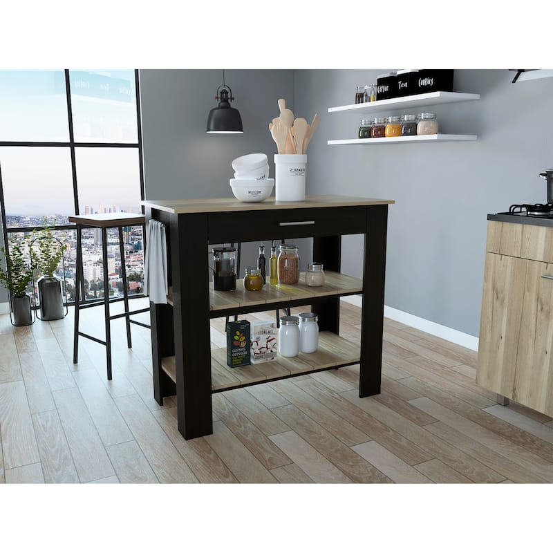 FM Furniture Brooklyn 40 Kitchen Island, Two Shelves, One Drawer - Black/Light Oak