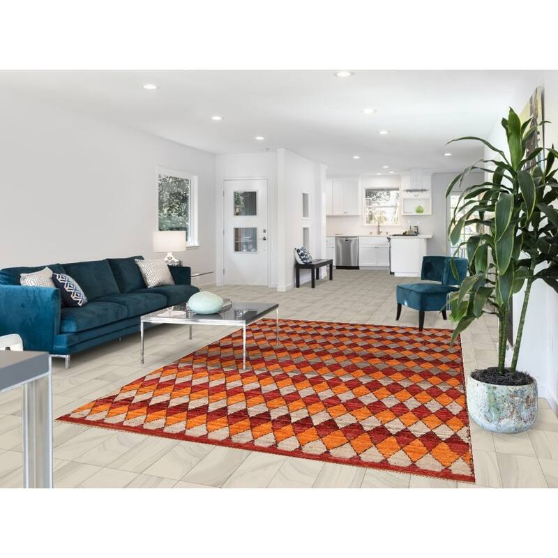 Orange Trellis Moroccan Oriental Area Rug Hand-Knotted Wool Carpet - 6'4" x 9'9"