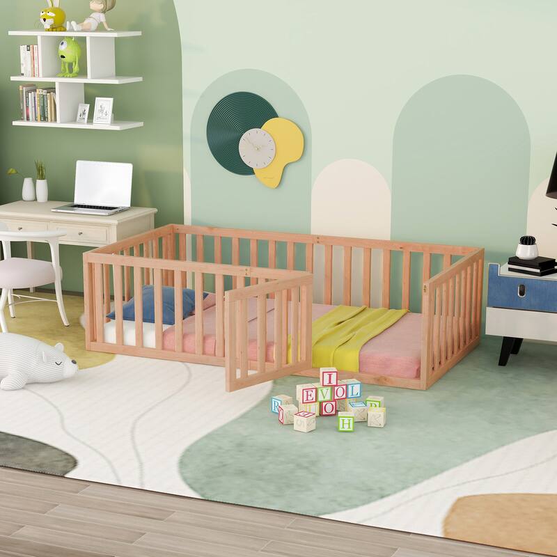 Queen Size Wood Floor Bed Frame with Fence and Door, Open Design