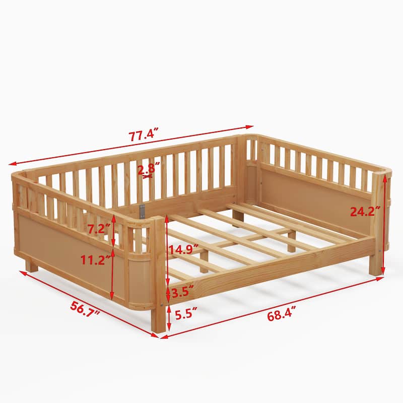 Wooden Kids Platform Bed, Low Profile Daybed Frame, Solid Wood Platform Sofa Bed Frame with Safety Rails
