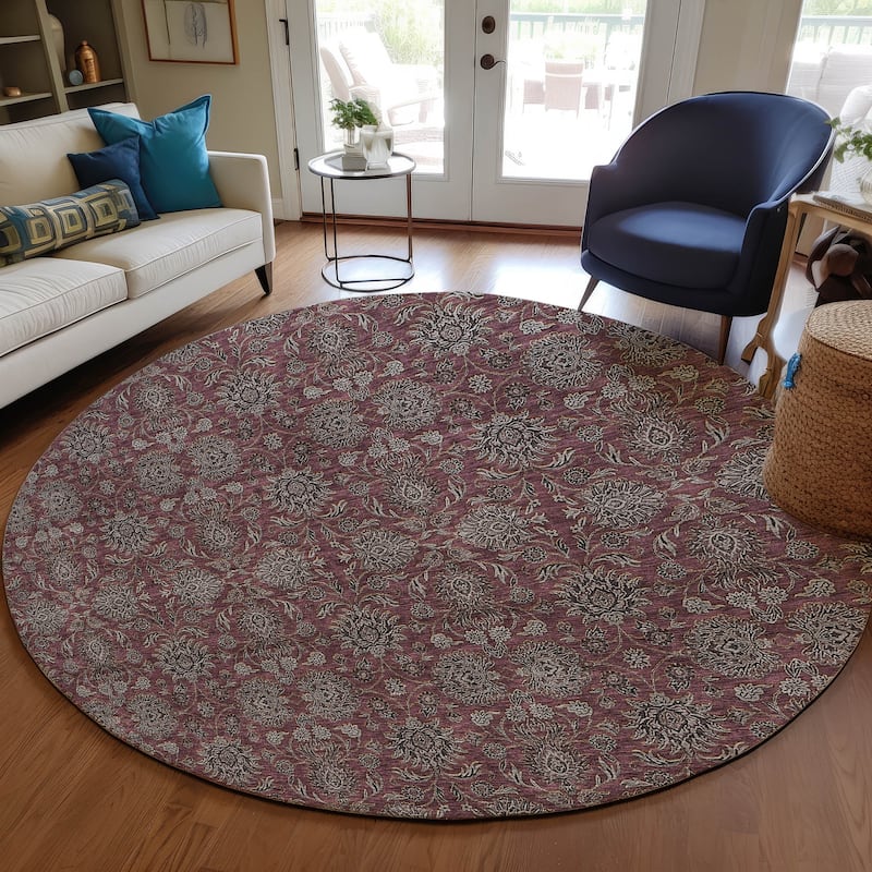 Machine Washable Indoor/ Outdoor Chantille Traditional Floral Rug - Merlot - 8' x 8'