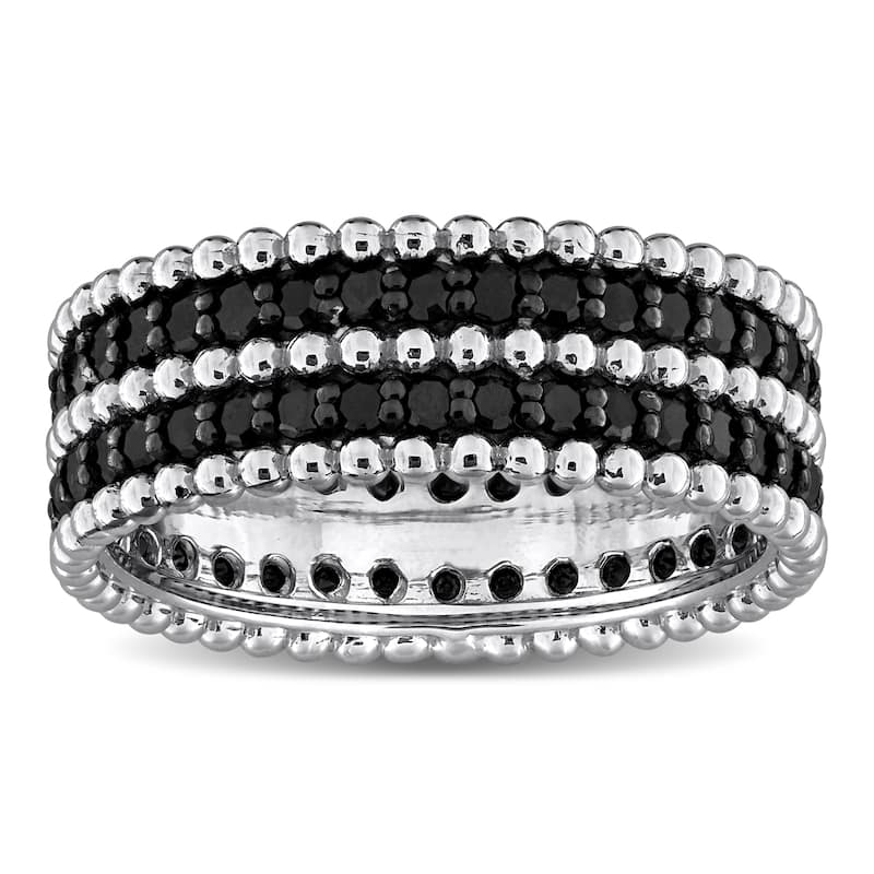 Miadora 1 1/6ct TW Black Diamond Double Row Beaded Eternity Ring in 14k White Gold