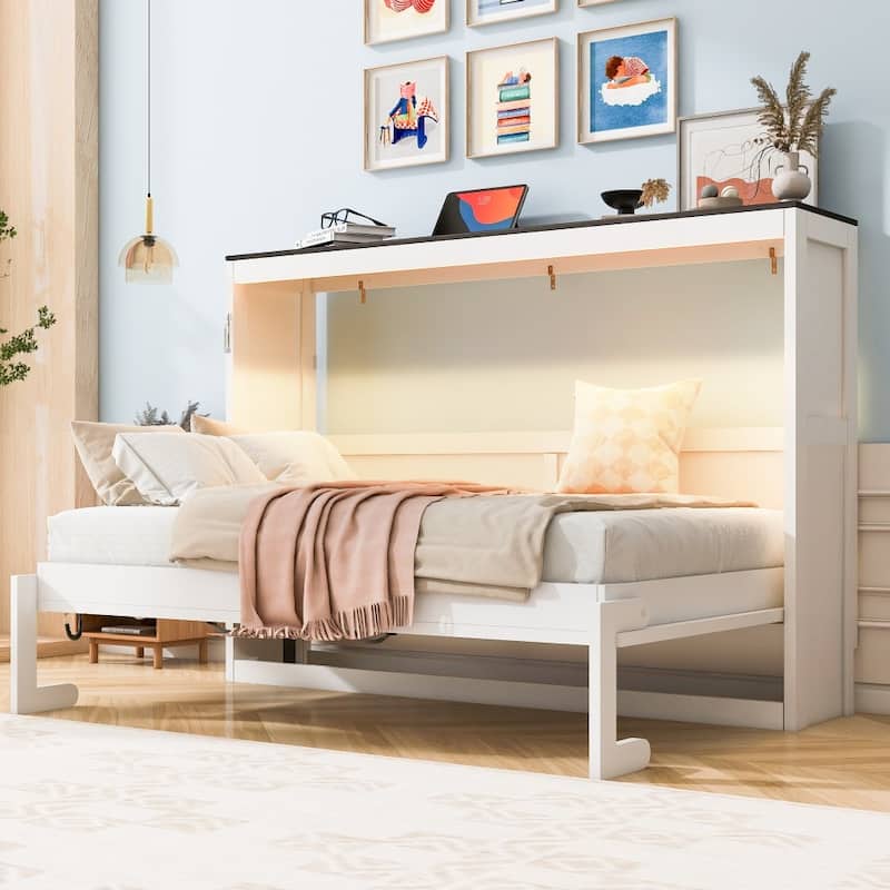 Modern Twin Size Murphy Bed with LED Light can be Folded into A Hidden Cabinet - White