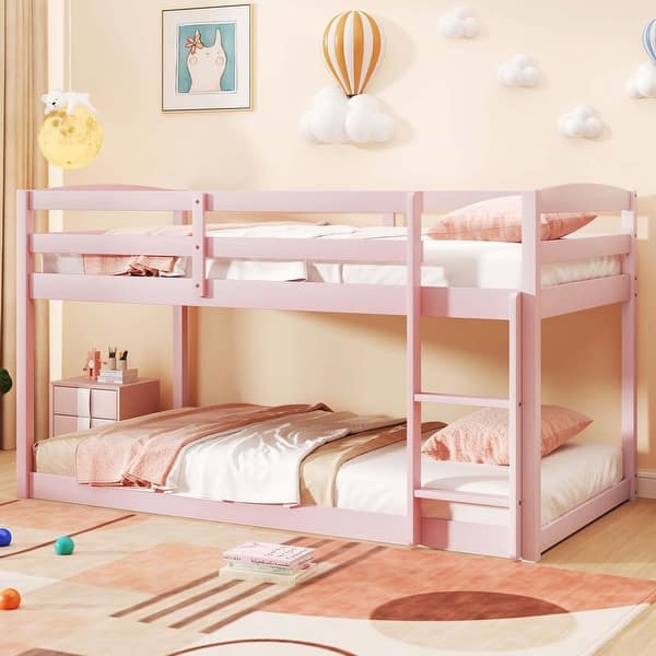 slide 2 of 10, Costway Twin over Twin Low Bunk Bed with Guardrails Integrated Ladder - See Details Pink