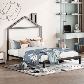 Black Full Size Metal Platform Bed with House-Shaped Headboard Design for Kids, Boys and Girls