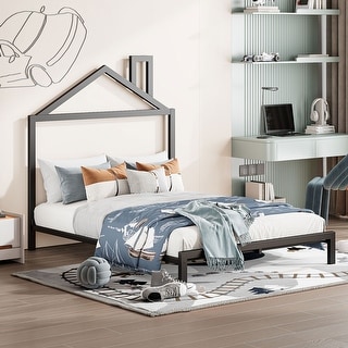 Black Full Size Metal Platform Bed with House-Shaped Headboard for Kids