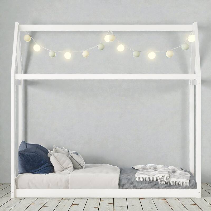 Twin Size Wooden House Bed Frame for Kids, Pine Wood Playhouse Bed with Roof Design, No Box Spring Needed