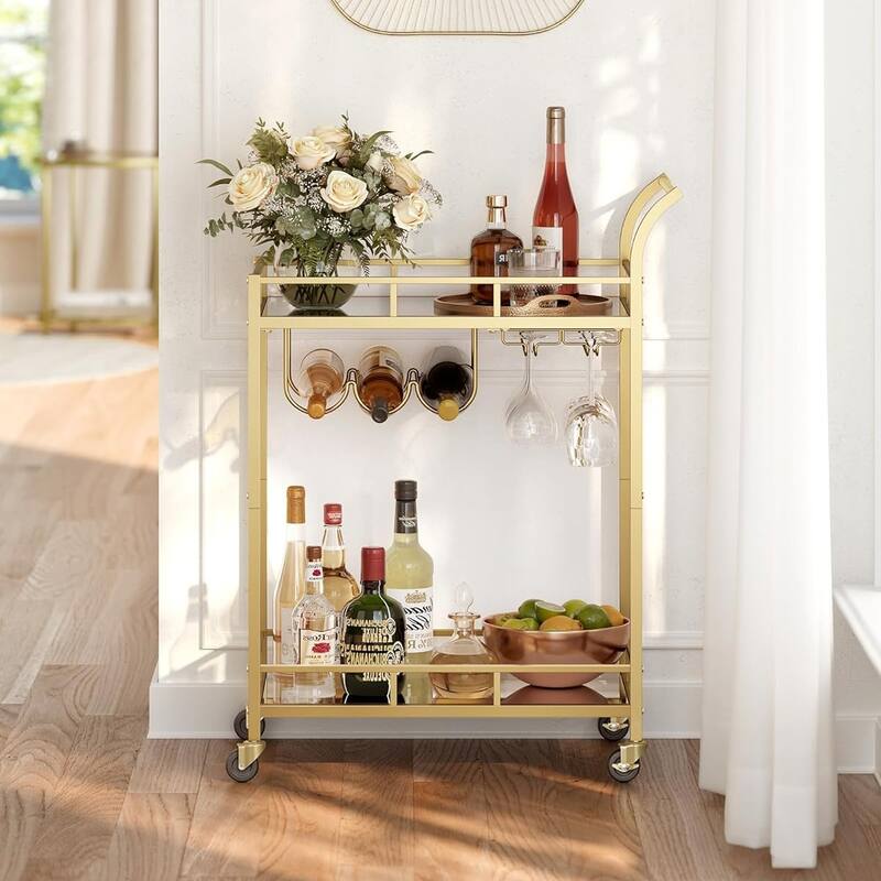 Home Bar Cart with 2 Mirrored Shelves, Wine Holders, and Glass Holders