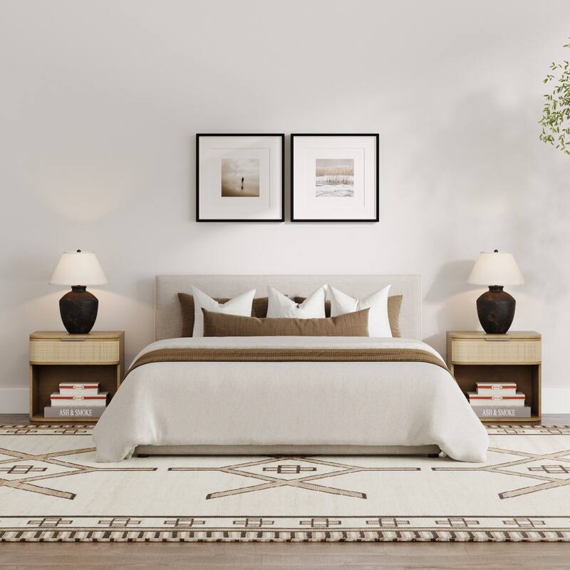 Keith Farmhouse Bedside Table, Modern Coastal Nightstand, Rattan Nighstand with 1 Drawer for Bedroom