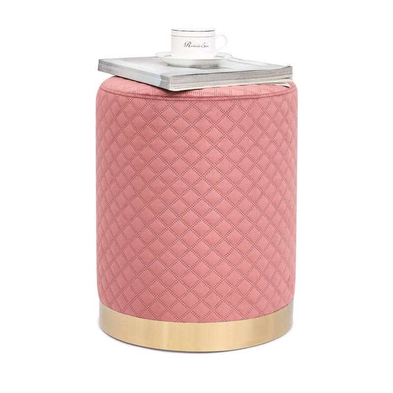 Adeco Width Round Velvet Ottoman Footstool with Gold Trim Soft Compact