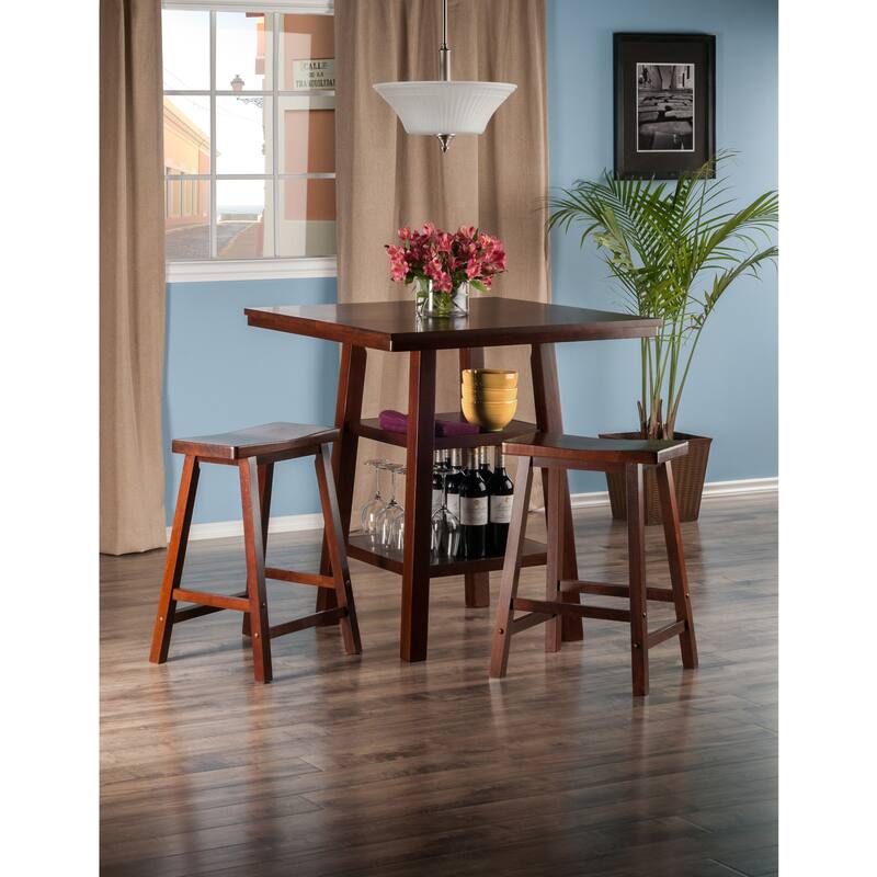 3 Piece Pub Table Set with Wooden Stools and Built In Storage for Small Spaces - 33.8"W x 33.8"D x 36"H - Walnut