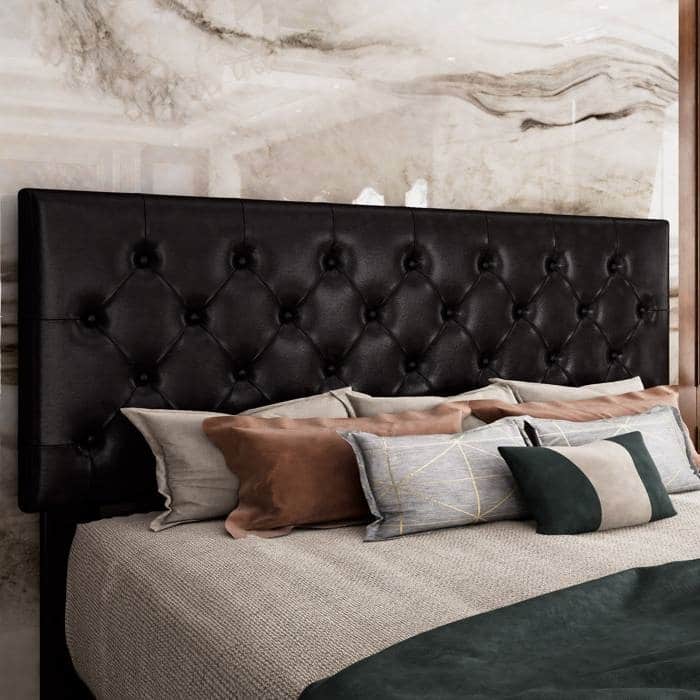 Low Profile Platform Bed with Button-Tufted Faux Leather Headboard