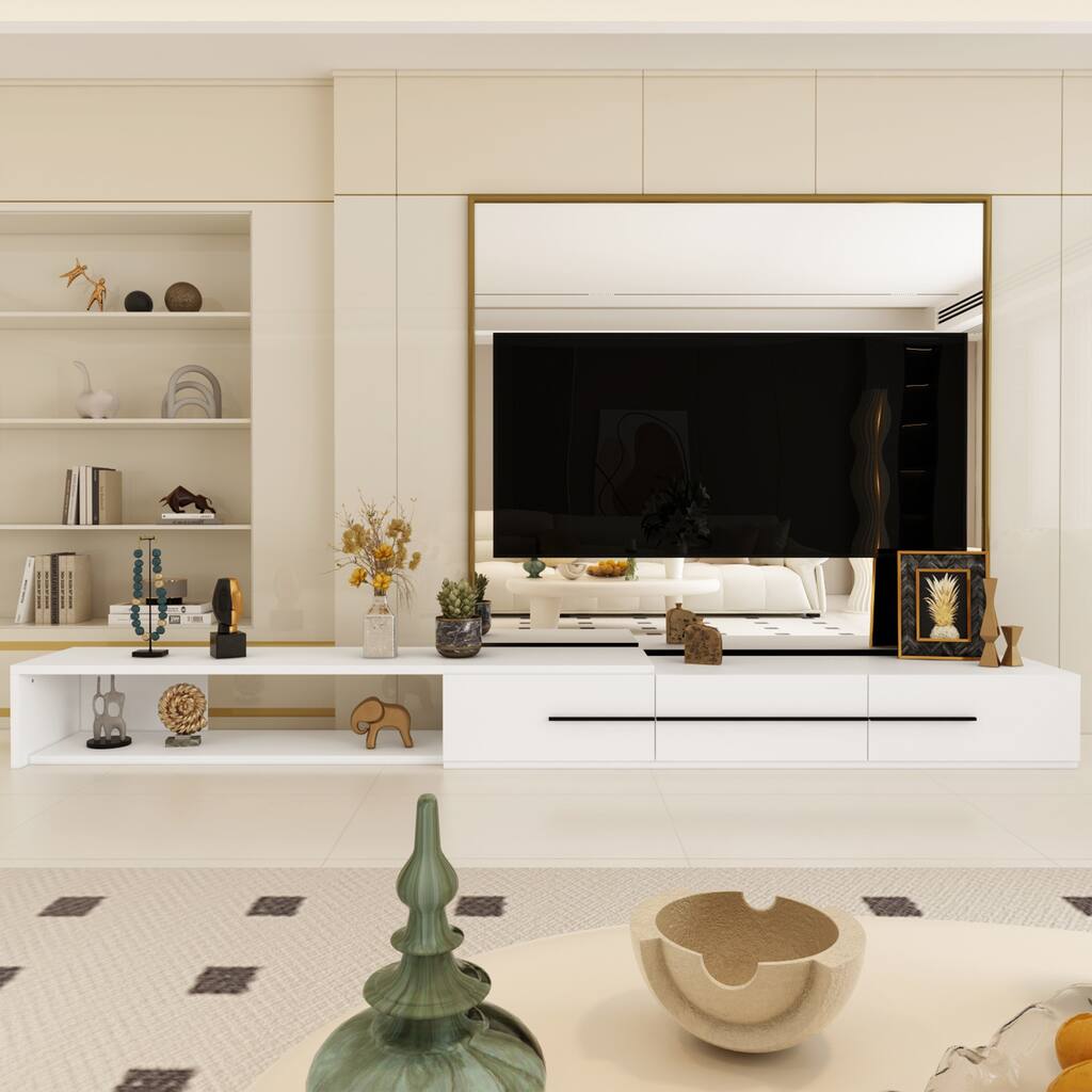 Modern Extendable 3-Drawer TV Stand with Black Handles