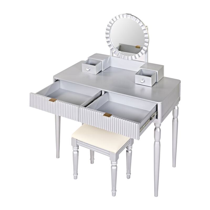 Vanity Desk with Adjustable Round Mirror, Wooden Dressing Table Set, Makeup Vanity Table with 4 Drawers & Cushioned Stool