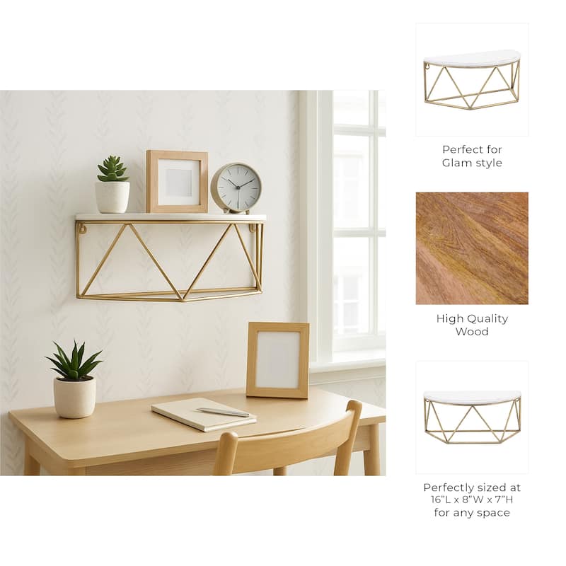 Wood Metal Geometric Demilune Wall Shelf - White, 16"
