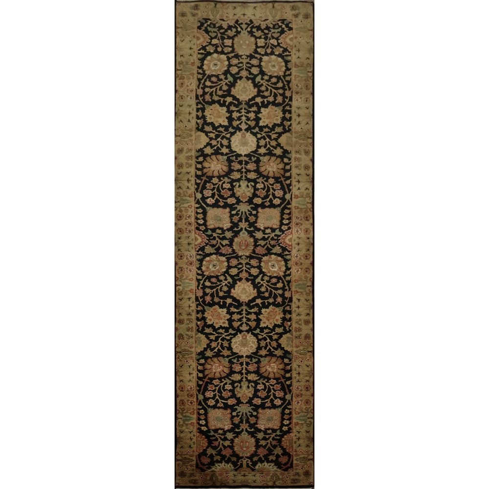 Hand Knotted Oriental 100% Wool Carpet Traditional Floral Black Agra Runner Rug - 12' 2'' X 2' 8''