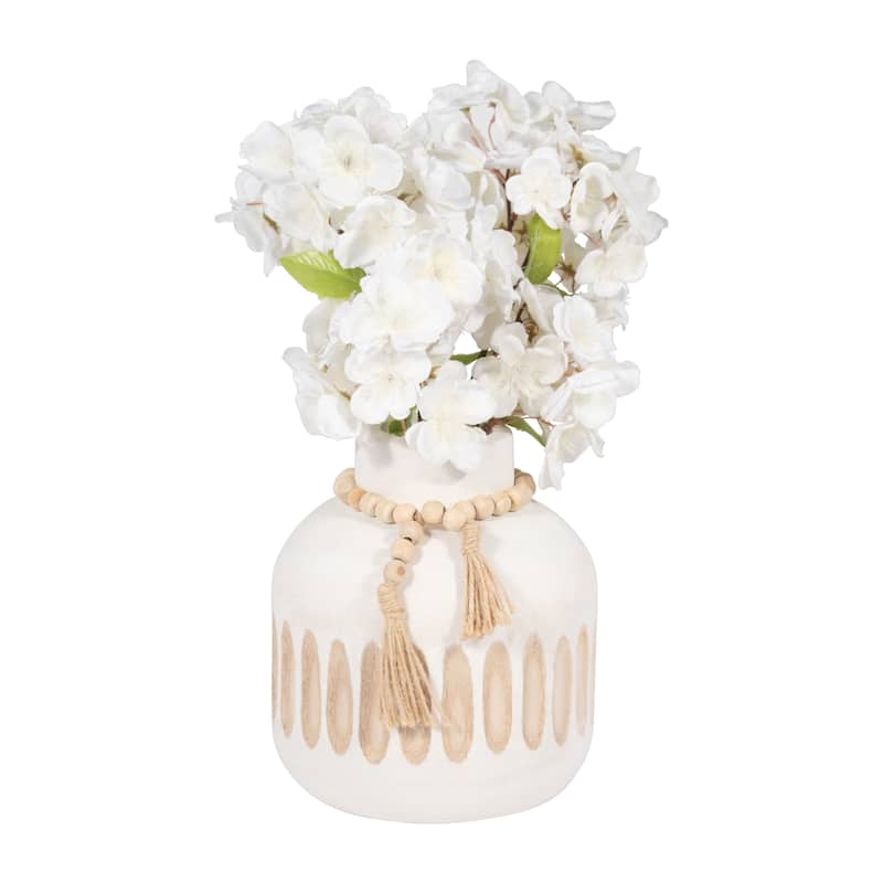 Sagebrook Home Wood, 8" Round Ridged Vase With Tassels, Round, 8"H, Ridged