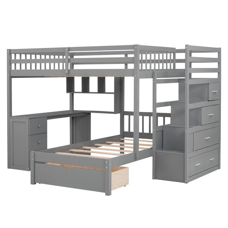 Full Over Twin Bunk Bed with Desk, Multiple Storage Drawers and Bookshelves, Bedroom L-Shaped Wood Platform Bed Frame