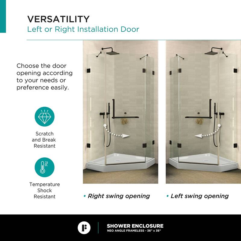 Neo Angle, Acrylic Shower Base with Compatible Glass Frameless Shower Enclosure