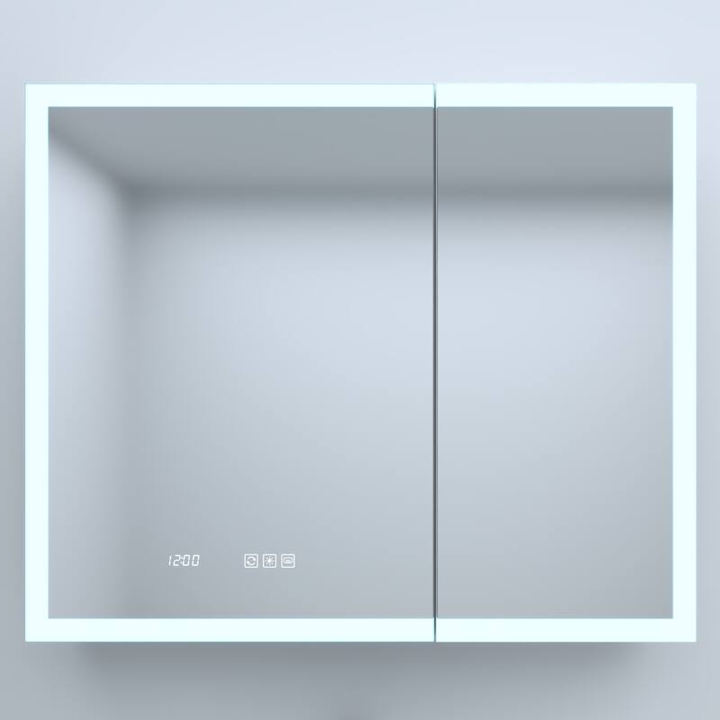 GDFStudio - Delmar Modern Aluminum LED Lighted Medicine Cabinet with Mirror Anti Fog and Digital Clock