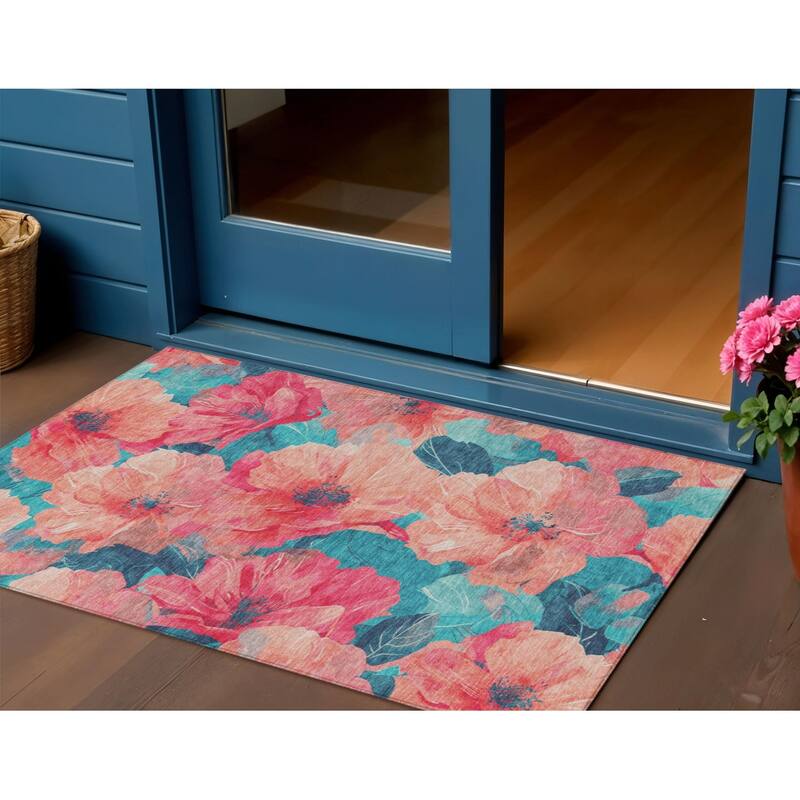 HomeRoots Floral Transitional Rectangle Outdoor Rug - Salmon/Blue - 3' x 5'