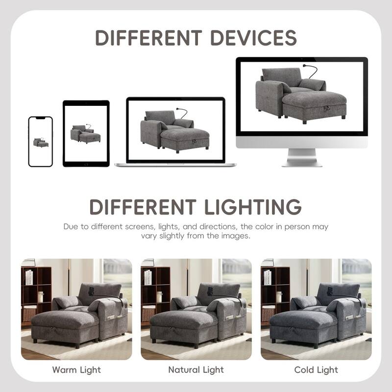 38" Chenille Single Sofa with Storage Ottoman, USB Charger, Side Storage Pockets, Pillow-like Armrests