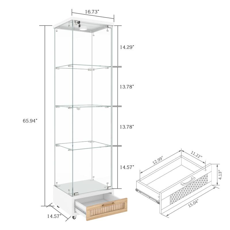 Glass Display Cabinet With Drawer,Cabinet With Led Lights,Tempered Glass Bookshelf, 1-Door Storage Case With 4 Shelves