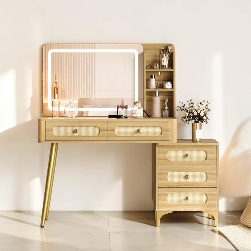 modern dressing table with storage Ricll Dressing Table with Drawers Elegant Brown Vanity with Light and Ample Storage