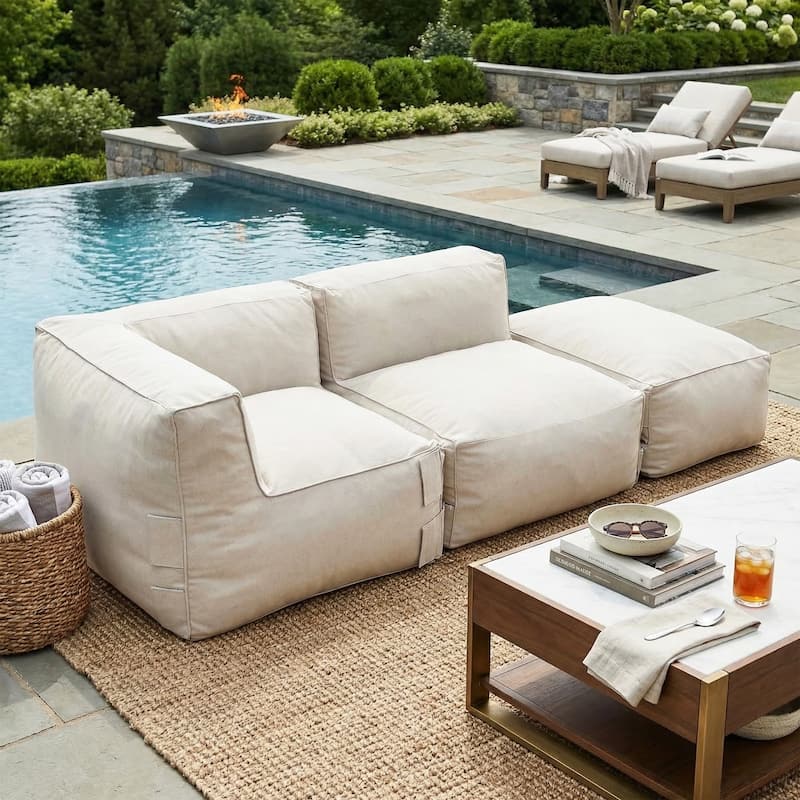 Christopher Knight Home - Nerissa 3-Piece Modular Outdoor/Indoor Bean Bag Sectional Sofa Set with Shredded Foam Filled & Ottoman