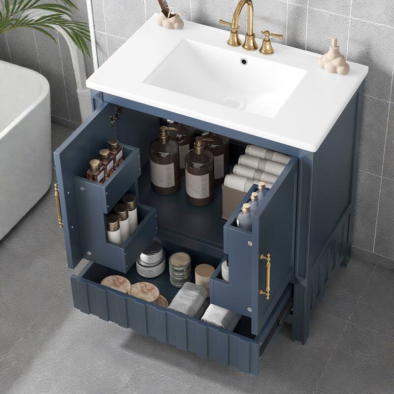 30" Bathroom Vanity with Sink, Solid Wood & MDF Cabinet with Doors, Drawer and Open Storage Shelves