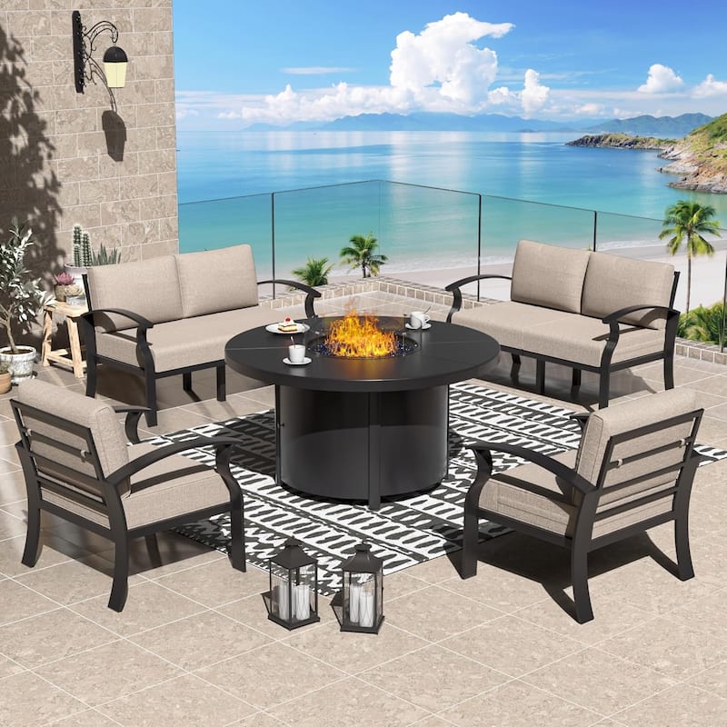 Patio Aluminum Sofa with Armrests, Outdoor Conversation Set with Round Fire Pit Table 5inch Thick Seat Cushions - 6Seats - Khaki