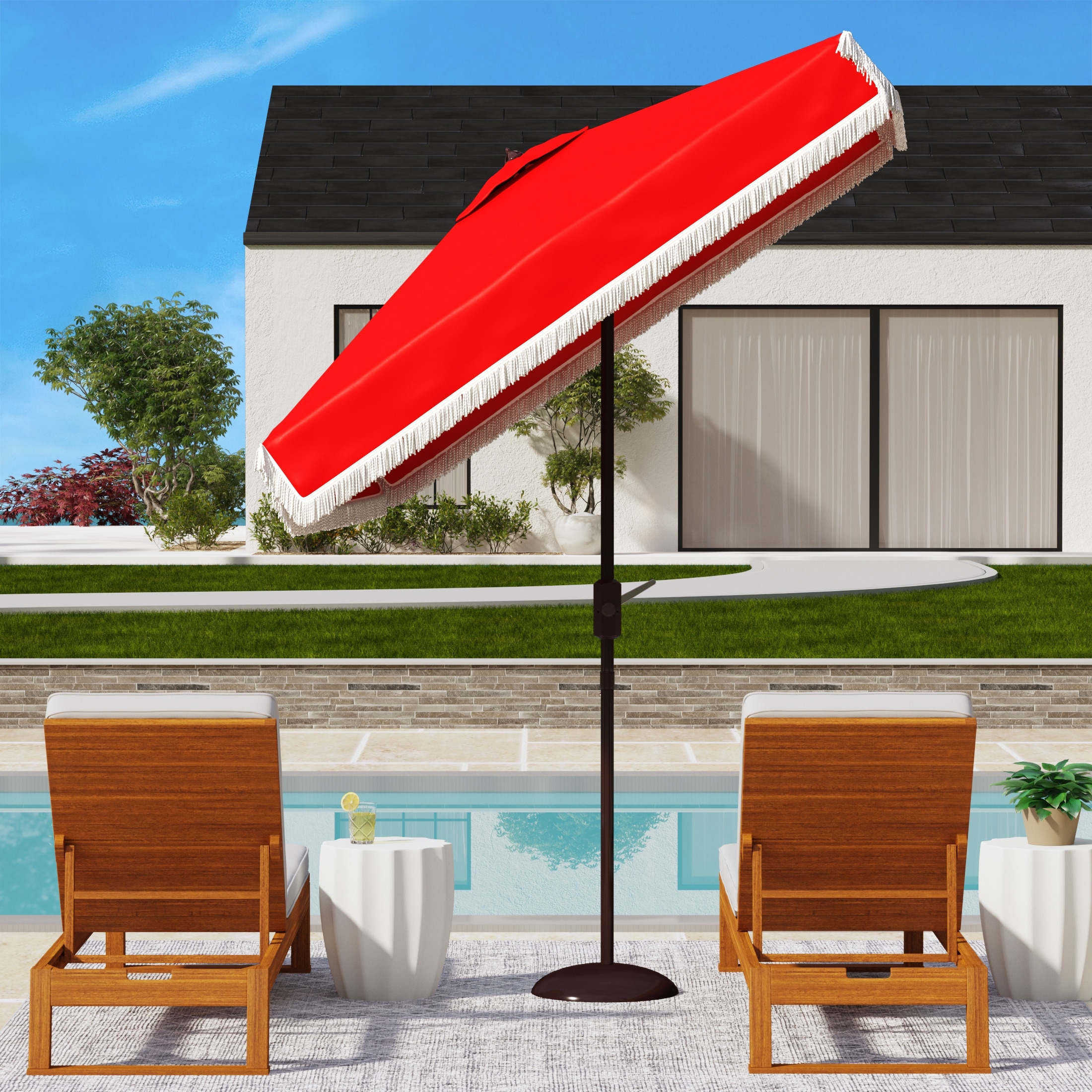SAFAVIEH Outdoor Milan Fringe 7.5 Ft Square Auto Tilt UV Protected Umbrella