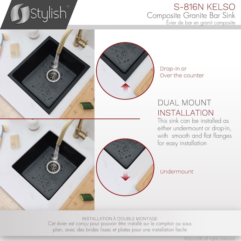 STYLISH 15.5 inches L x 17.5 inches W Dual Mount Single Bowl Composite Granite Kitchen Sink with Strainer - 15.5" x 17.5" x 8.5"