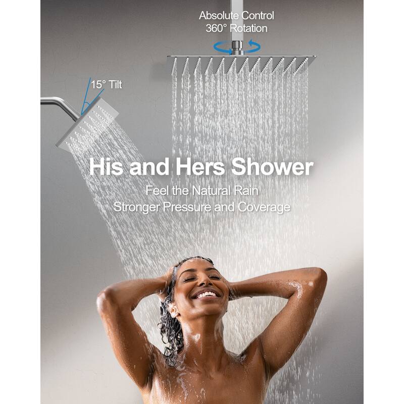 GRANDJOY Dual Shower Heads 16" Rainfall Shower System with 2-Handle Bathroom Sink Faucet Combo Set