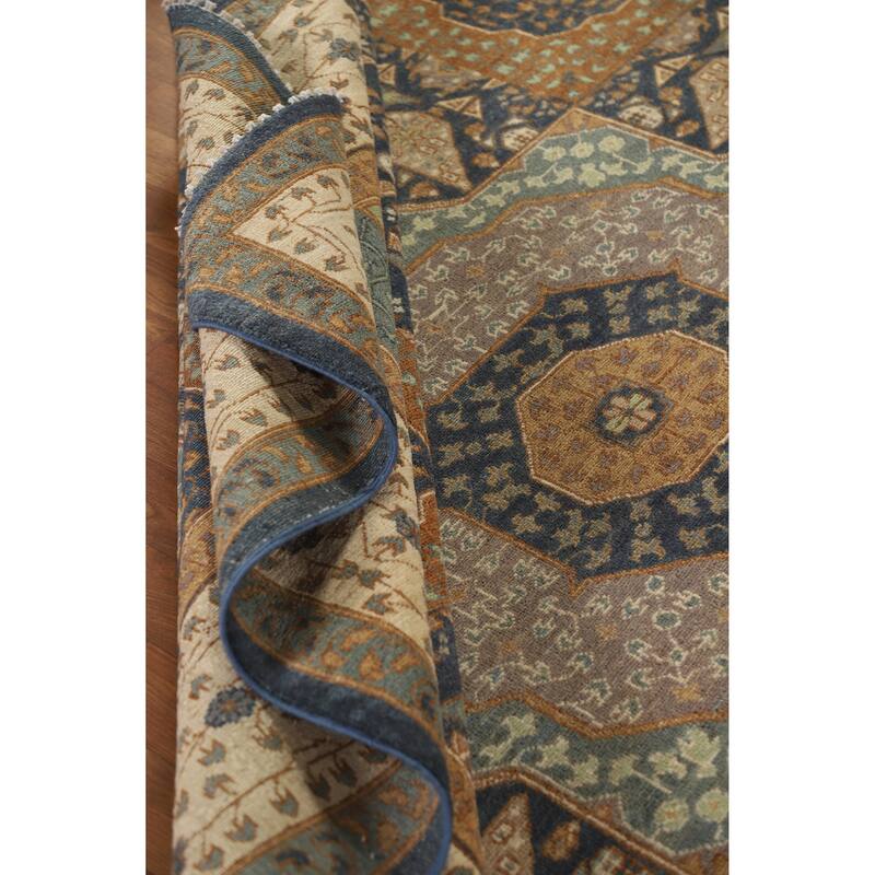 Hand Knotted Oriental 100% Wool Carpet Traditional Geometric Navy Blue & Blues Kazak Area Rug - 9' 10'' X 7' 11''