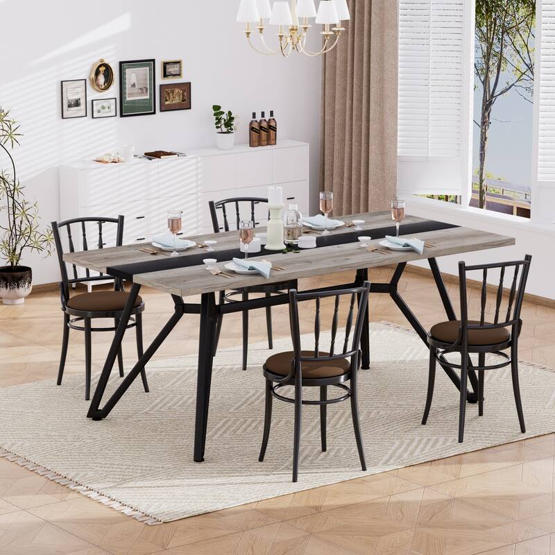 70.9" Large Dining Table for 6-8, Modern Farmhouse Kitchen Table with Spacious Tabletop & V-Shaped Steel Base, Adjustable Legs