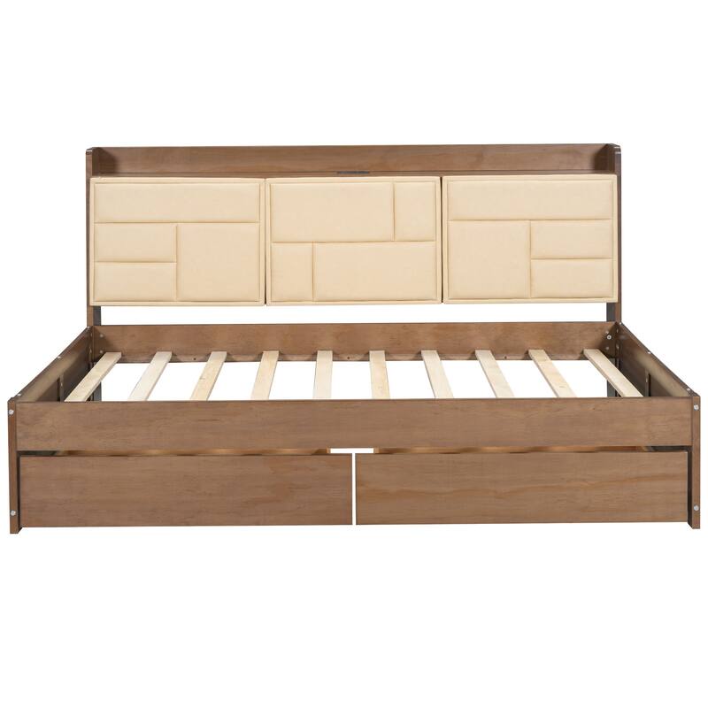 Full Size Wood Daybed with Upholstered Headboard, USB & Drawers