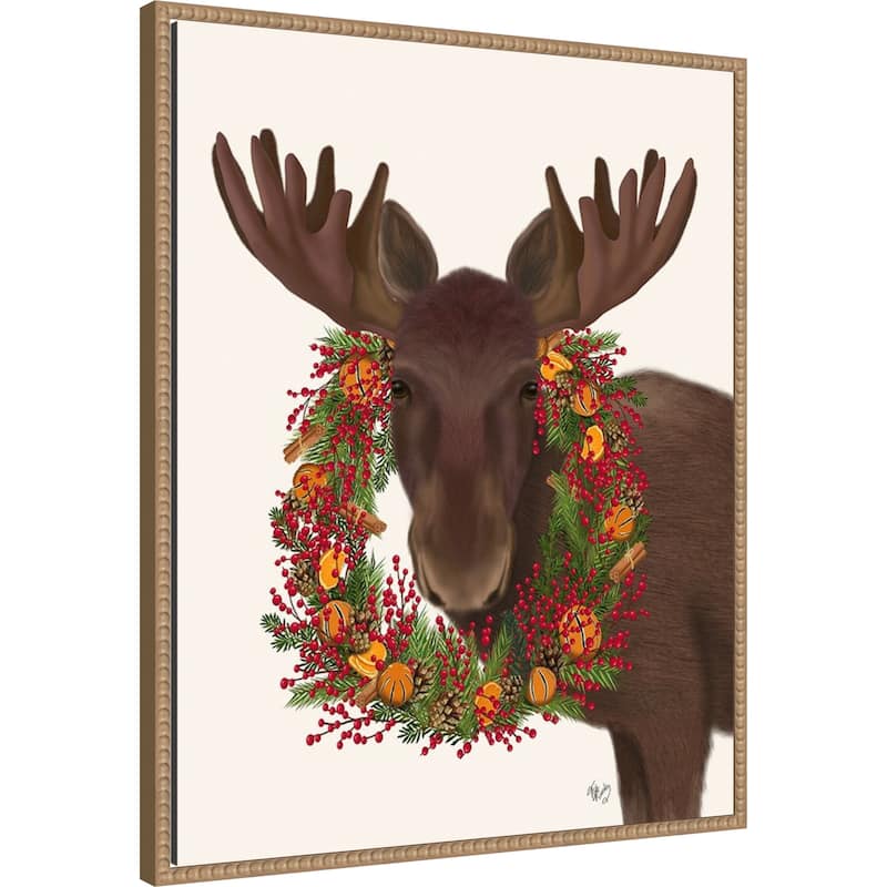 Christmas Moose and Cranberry Wreath by Fab Funky (23 x 28 in.), Framed Canvas Wall Art Print - Sylvie Beaded Rustic Natural