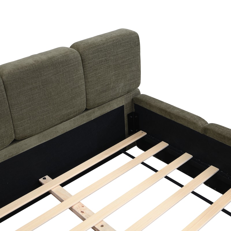 Modern Upholstered Bed Frame Block Style Grounded Bed with Thick Headboard, Lowprofile Wingback Bed Floor Bed Platform Bed Frame