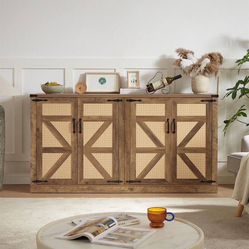Rustic Faux Rattan Sideboard Adjustable Shelves Buffet Cabinet, Living Dining Room Accent Cabinet TV Cabinet Console Table, Oak