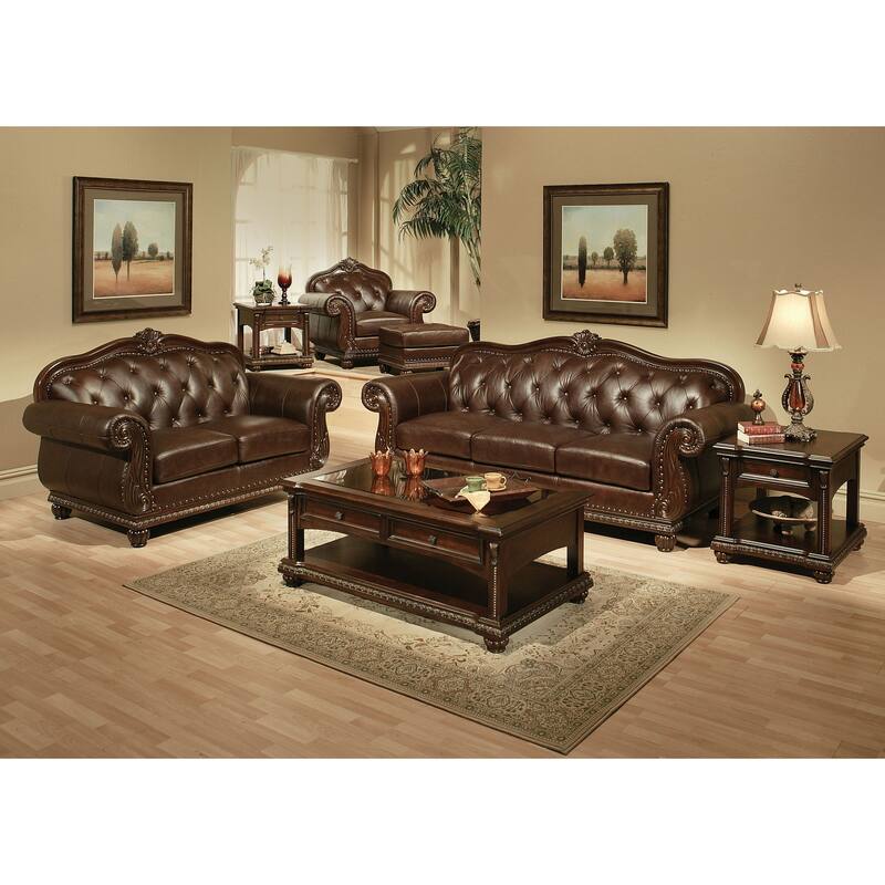 Arundele Espresso and Cherry Loveseat with Button Tufted