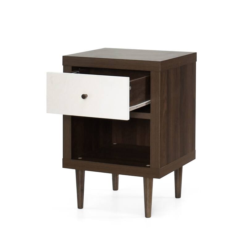 Minie Nightstand with 1 Drawer, Shelf, Modern White and Walnut Brown