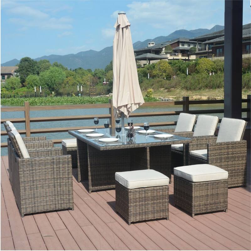 Abrihome 11-piece Outdoor Rattan Wicker Dining Table and Chairs Set - Brown 