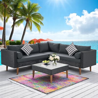 4-Piece Outdoor Wicker Sofa Set with Coffee Table, Waterproof and Rattan Patio Conversation Set with Cushions and Pillows