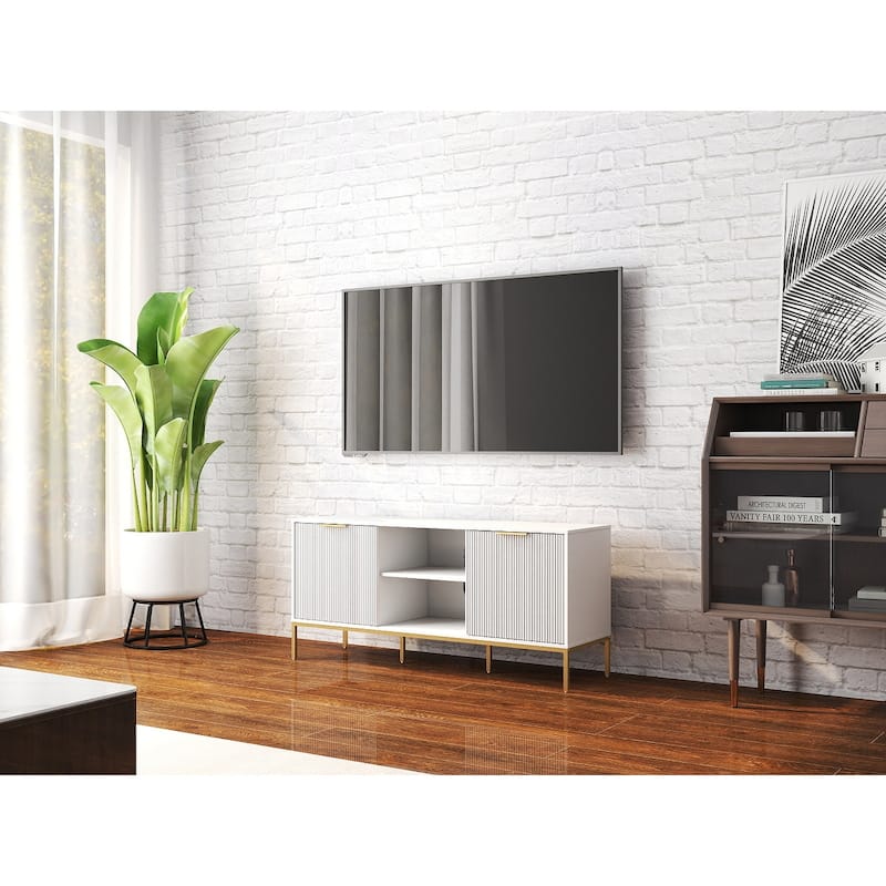 Modern TV Stand with Wave-Design Doors,Open Shelf&Adjustable Shelf-Stylish and Functional
