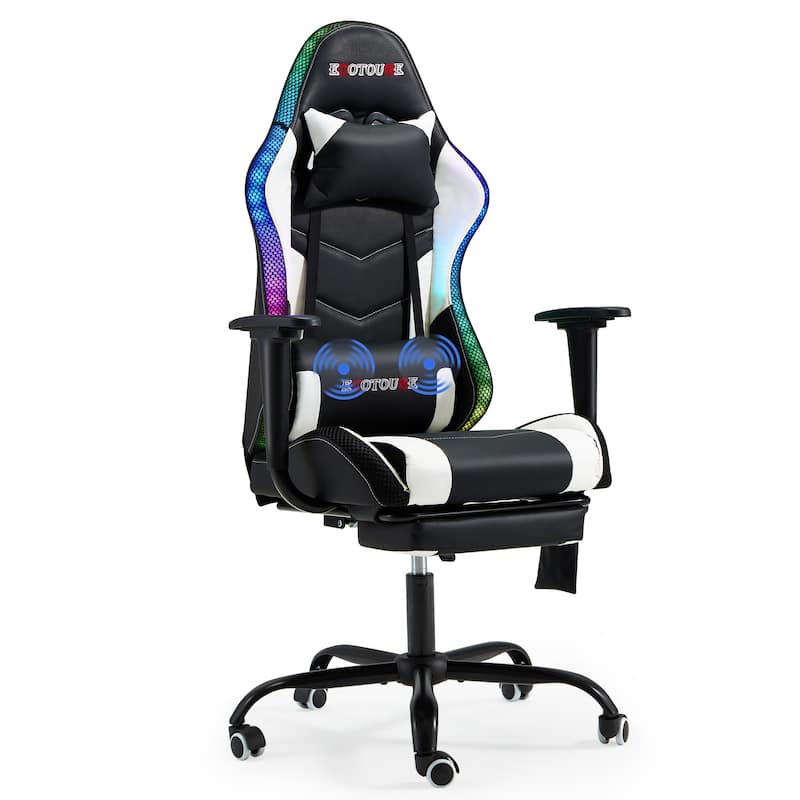 EROMMY RGB LED Gaming Chair with Massage Lumbar Support & Footrest, Ergonomic Reclining Computer Chair for Adults - White
