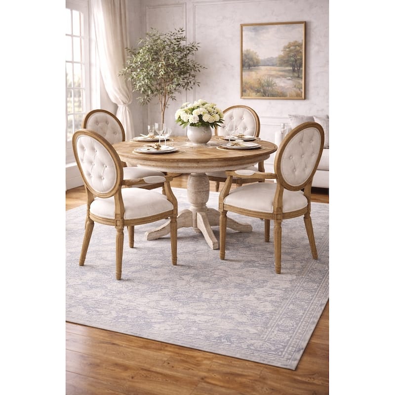 Set of 2 Cream Color Upholstered Button Tufted Back Fabric Dining Modern Arm Chair With Padded Seat Solid Wood Legs